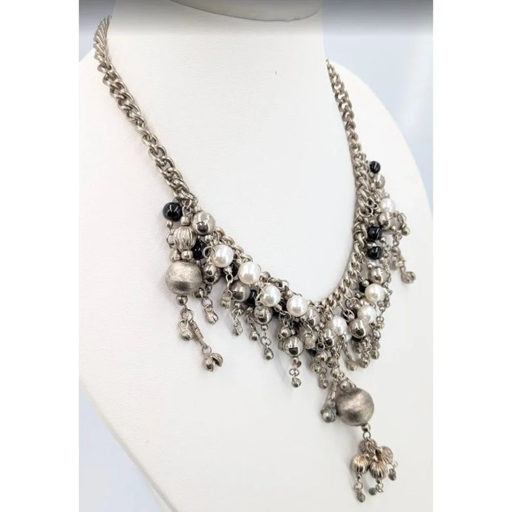 Statement Bib Necklace Silver Tone Faux Pearl Black Bead Cha Cha Charm 19 Inch